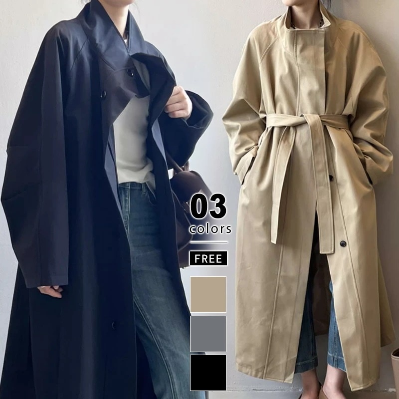 [ 即日発送]コート トレンチコート ロングコート レディース アウター スタンドカラー オーバーサイズ ロング スプリングコート ライトアウター ウエストマーク オフィス オフィスカジュアル 大きい