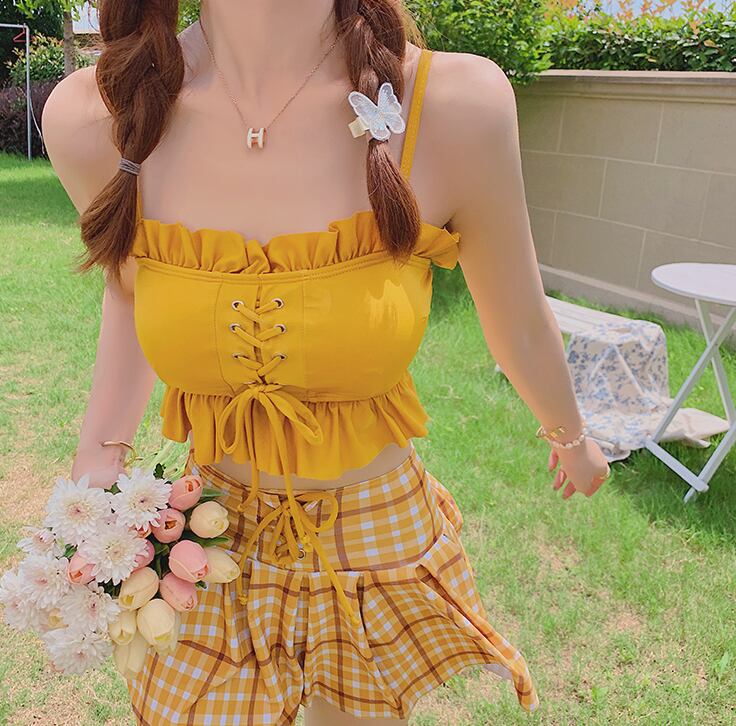 チェック柄タンキニ 水着 ビキニ タンキニ l セパレート ビスチェ フリル ハイウエスト セット 2点セット ツーピース かわいい 大人可愛い シンプル カジュアル おしゃれ お洒落 ラブリ