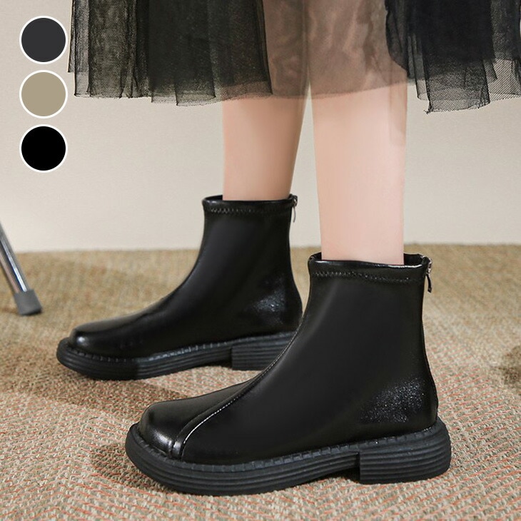 ローヒール ショート ブーツ 合皮 PU シンプル 無地 フラット ダイバー風 カジュアル きれいめ 楽ちん 秋冬 おすすめ レディース オシャレ トレンド 人気 プチプラ 韓国ファッション【ash4