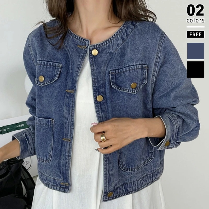 【9/25！クーポンで3,490円】 デニムジャケット レディース ノーカラー ジャケット Gジャン デニム ノーカラーデニムジャケット ノーカラージャケット ノーカラーデニムブルゾン ラウンドネック