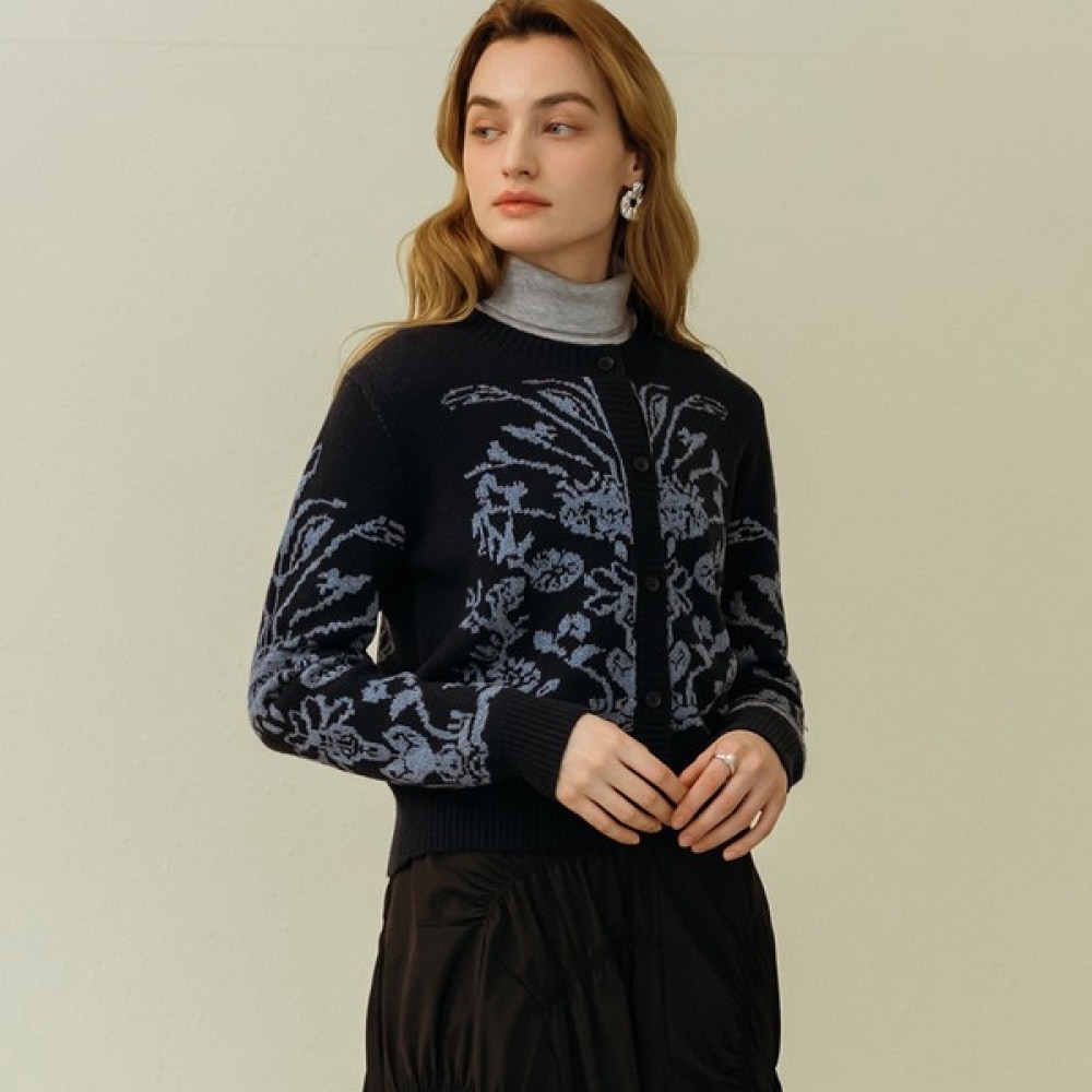 (Max Cartiggio) 柄ラウンドネックウール混紡カーディガン