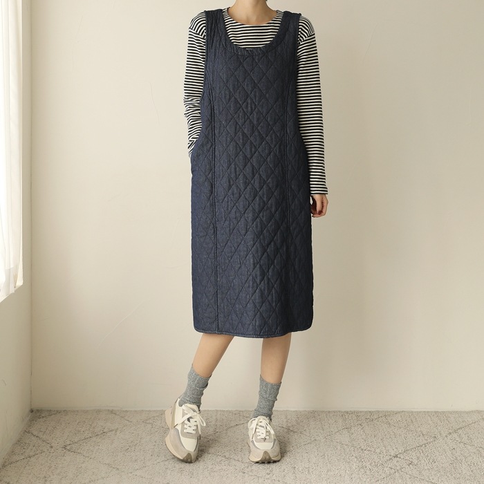 [韓国ファッション] デニムキルティングノースリーブワンピース