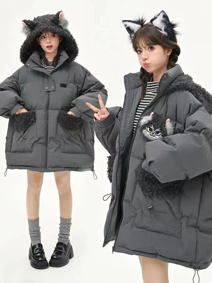 韓国の人気カップル中綿コート男女兼用大きいサイズ韓国中綿コート フード付きコート 大きいサイズ ファッション通勤に合わせやすいもこもこボア ミドル ポケット ファスナー オーバーフィット ジャンパー