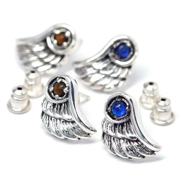 インディアンジュエリー スタッドピアス イーグル 鷲 ウイング 翼 カイヤナイト タイガーアイ フェザー 羽 メンズ レディース シルバー925 ブルー/イエロー