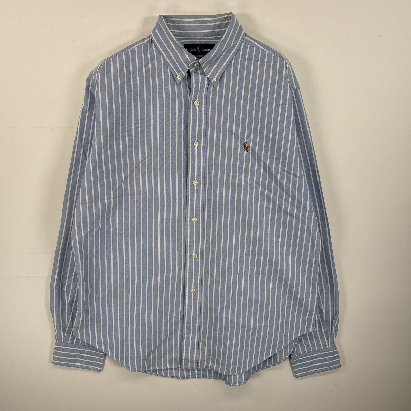 古着 長袖シャツ ボタンダウンシャツ ワンポイント ロゴ 刺繍 大きいサイズ L-XL ブルー系 ストライプ メンズ
