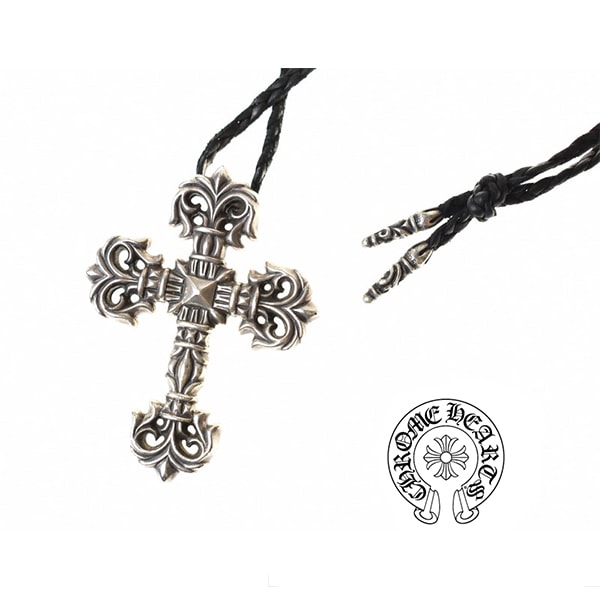 CHROME HEARTS/クロムハーツ　スモールフィリグリークロス レザーブレイドネックレス