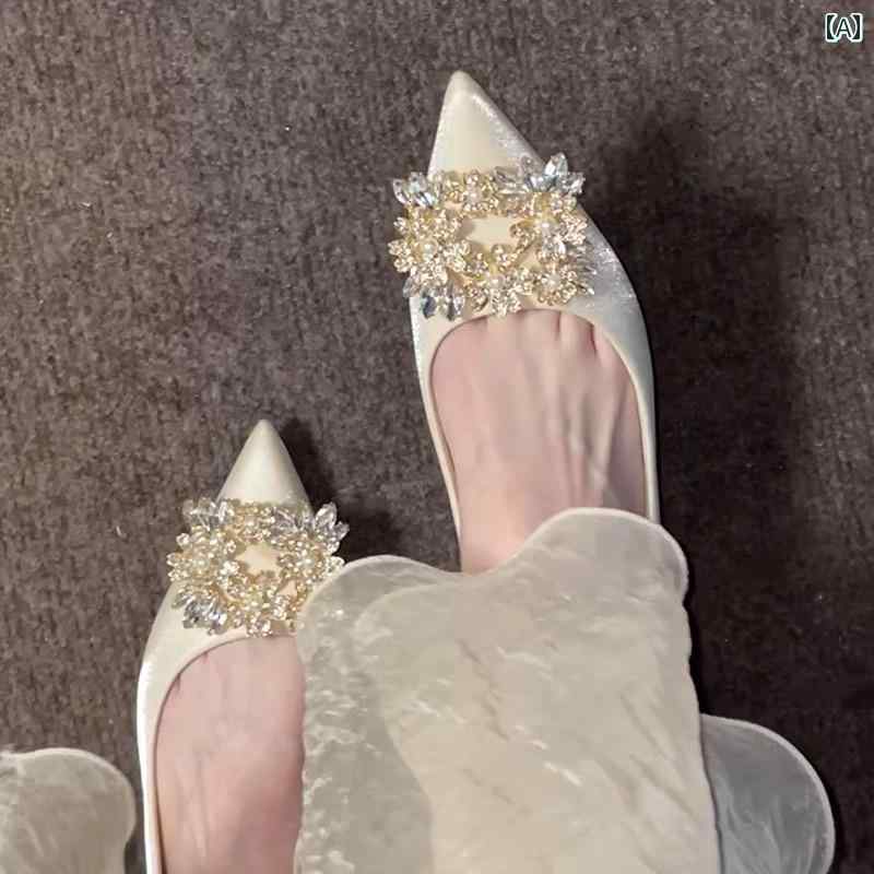 ハイヒール　シューズ　レディース 2024年 ウェディングドレス 花嫁 ウェディングシューズ フレンチ サテン シャンパン ラインストーン 尖った スティレット ハイヒール 足が 疲れにくい 女性用