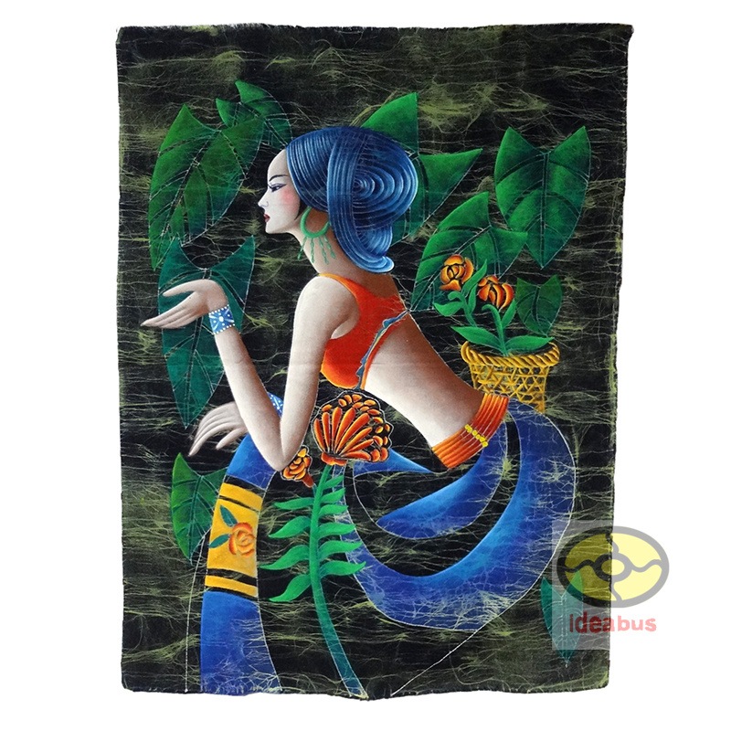 ろうけつ染めの絵Yunnan Art Wall Decor Hanging Oil-painting style Batik Tapestry - Thai Ethnic Girl 112x86cm