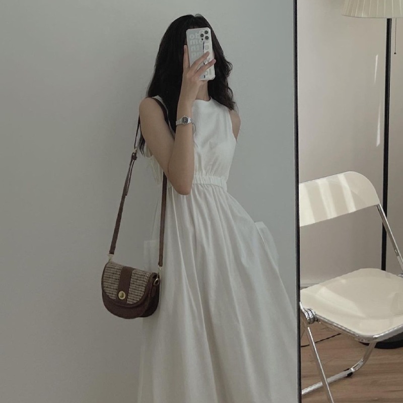 ノースリーブワンピース ワンピース フレアワンピース ロング ロング丈 袖なし ノースリーブ ラウンドネック フレア Aライン ウエストマーク ハイウエスト ウエストゴム かわいい 大人可愛い