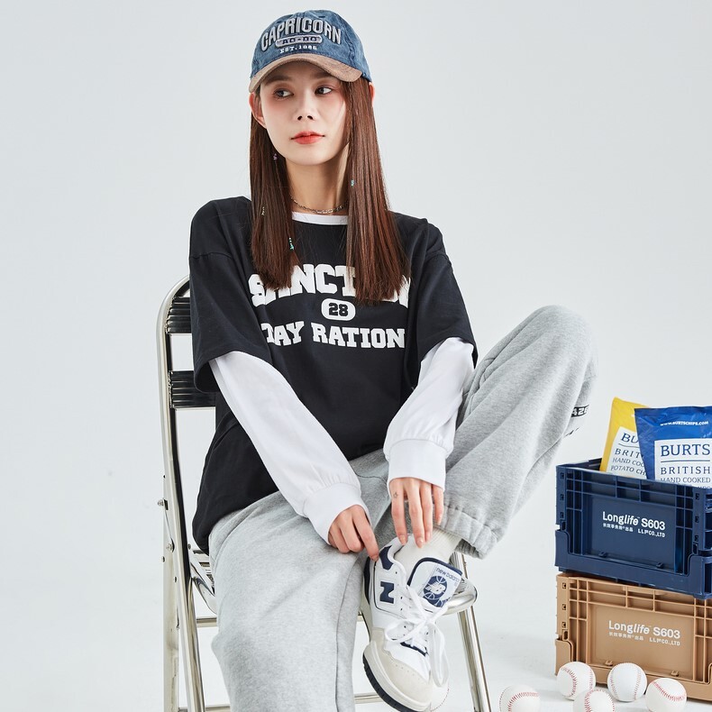 トップス Tシャツ ミディアム丈 袖あり 長袖 ボリューム袖 ラウンドネック ストレート 重ね着風 かわいい シンプル カジュアル おしゃれ かっこいい ラフ メンズライク ボーイッシュ スポーティー
