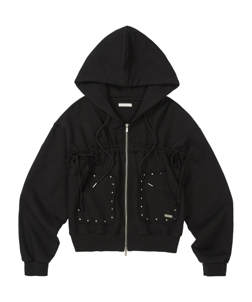 【ILLIGO】 Frayed String Hooded Zip-Up Black 正規品
