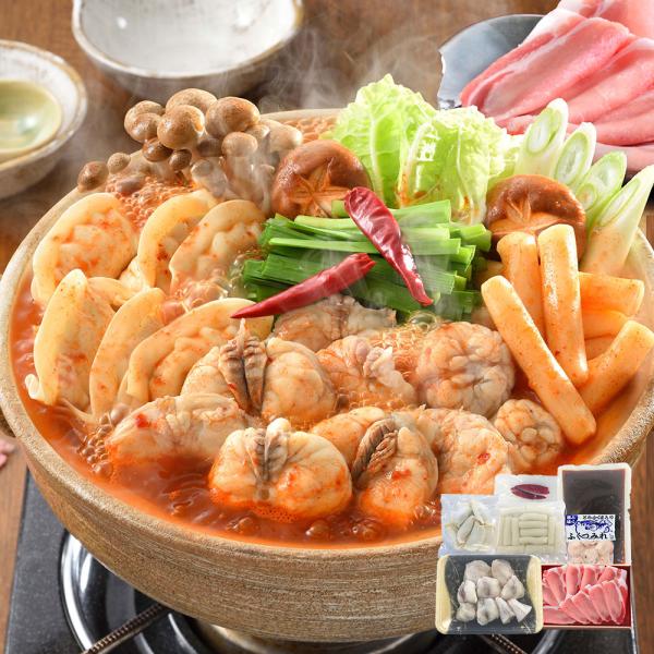 関とら本店 旨辛ふくチゲ鍋黒豚しゃぶしゃぶ ごまふぐちり250g しゃぶしゃぶ用豚肉150g トッポッキ100g 鍋用餃子96g ふぐつみれ80g SISK