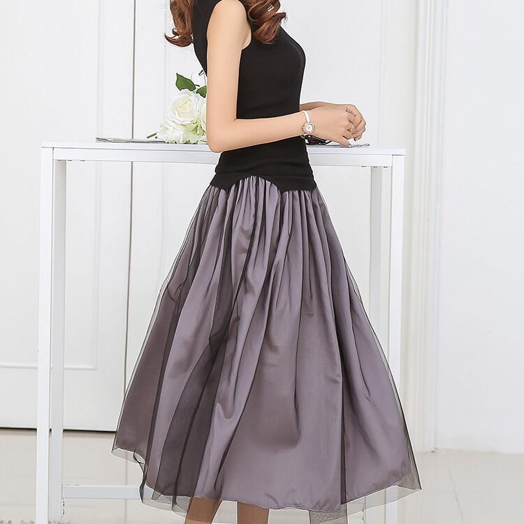 ワンピース 上着 人気 おすすめ おしゃれ お洒落 激安 安い プチプラ ベスト 肩出し　ふんわり ロングスカート チュール ラウンドネック ボリューム ノースリーブ 無地 ニット lone