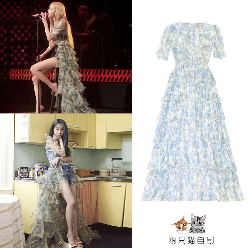 Park Caiying Iu Lee Jieunバラの花柄ショートフロントとロングドレス蓮の葉