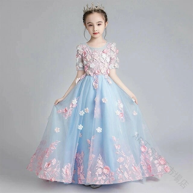 キッズドレス トレーンドレス 子供ドレス 160 100-160cm 水色 ブルー ピンク 配色 フラワー フリル ロングドレス おしゃれ 女児ドレス 演奏会ドレス ピアノ発表会 七五三ドレス 入学式