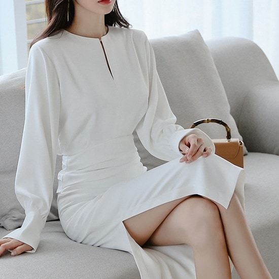 ワンピース 長袖 春 秋冬 きれいめ ワンピドレス ペンシルスカート タイトスカート 膝下 ミモレ丈 ミディアム丈 ミドル丈 萌袖 ラウンドネック 襟なし スリム タイト 細身 ストレート 切り替えデ