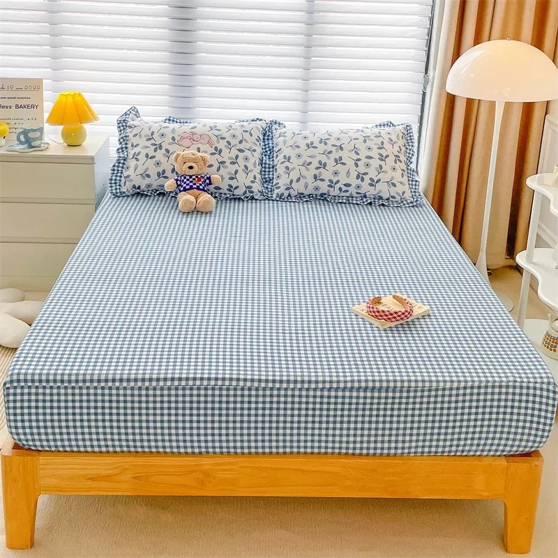 Blue Plaid Thick Fitted Sheet 3 Piece Set Plant Pattern Pillowcase with Ruffle Design Simple Single