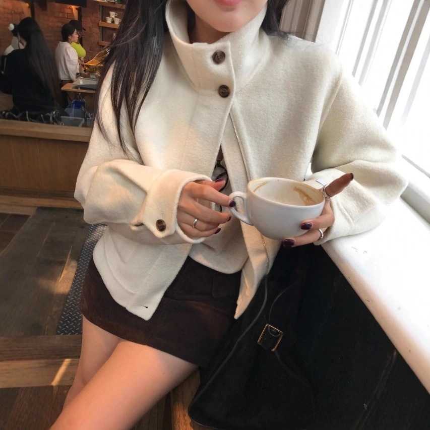 冬 スタンドカラーデザイン ジッパーロングスリーブ ウールブレンドショートアウター フェイクファー