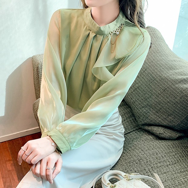 トップス シャツ ブラウス カットソー 袖あり 長袖 ボリューム袖 襟付き スタンドカラー フリル 透け感 薄手 かわいい 大人可愛い きれいめ シンプル 大人 上品 おしゃれ お洒落 かっこいい
