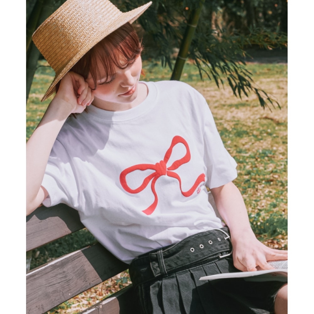 RONRON エンボハートリボンベーシックフィット T シャツホワイトレッド