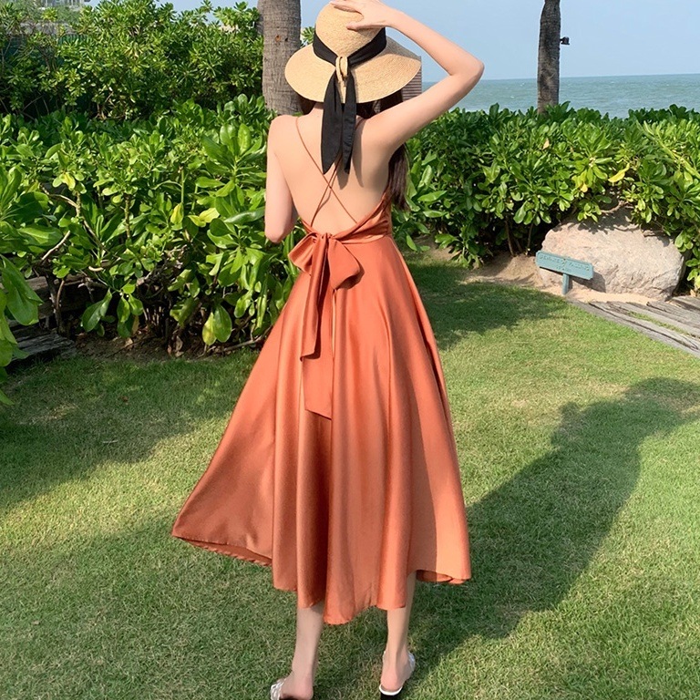 ワンピース レディース ロングワンピース S M L XL 韓国 ホワイト キャラメル カラバリ ロング丈 ノースリーブ キャミワンピース ネック クロスバック バックリボン バックコンシャス 大人