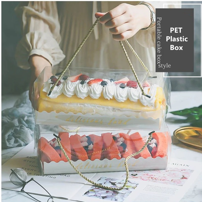 Lbsisi-ハンドル付きケーキボックス,10個,透明なスイスのプラスチック包装,長いロールのギフト包装