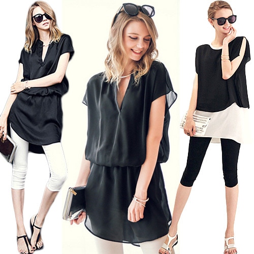 L5XLお得なコーデセットチュニック＆レギンス/レーヤード風チュニック/重ね着風/ブラウジングチュニック/ドルマン/大きいサイズ/マタニティー/ブラック/ホワイト メール便送料無料