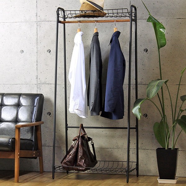 ヴィンテージ風 ハンガーラック 上下ワイヤー棚付 西海岸テイスト デザイン 収納 棚 服 コート 掛け インテリア 送料無料