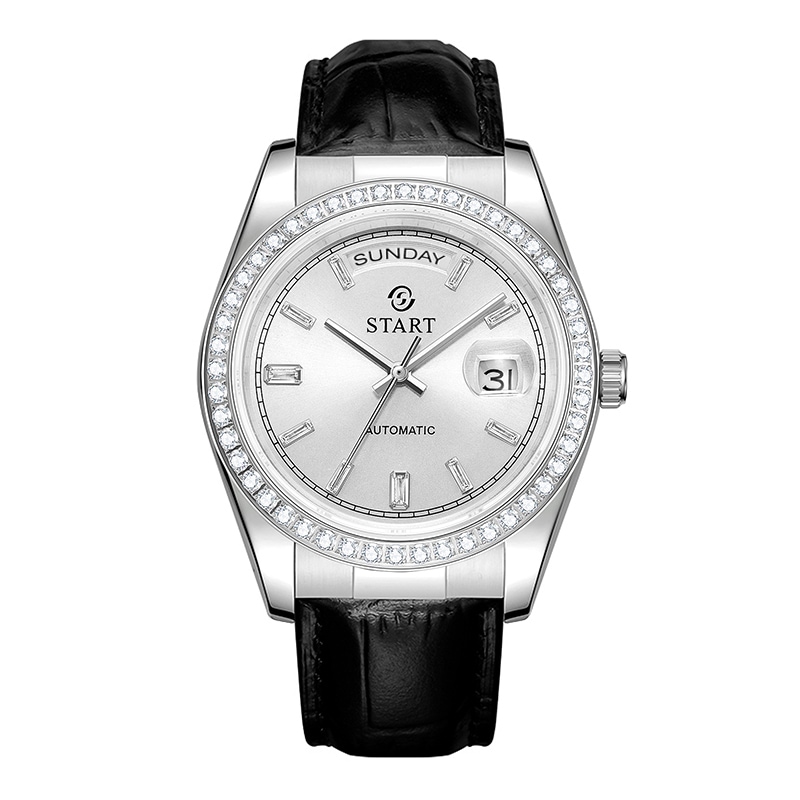 メンズ腕時計スイスの全自動機械式ムーブメントウォッチジルコンダイヤル防水日付曜日機能ファッションレザーウォッチ