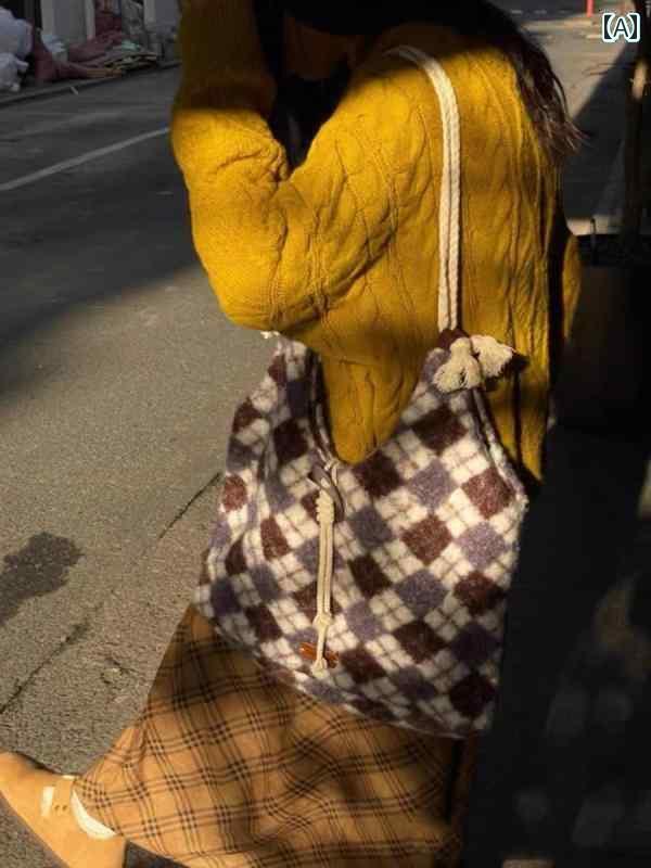 トートバッグ レディース 秋冬 レトロ チェック ウール 大容量 ショルダー 韓国 おしゃれ カジュアル トグルボタン アール パープルブラウン