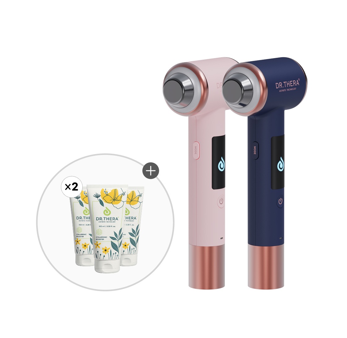 ドクターセラ デュオ美顔器 ピンク＆ネイビー 2台＋ヒアブースター導入ジェル6本セットフェイス＆ネック用 ハンディ美顔器＆保湿ジェルの集中スキンケアセット