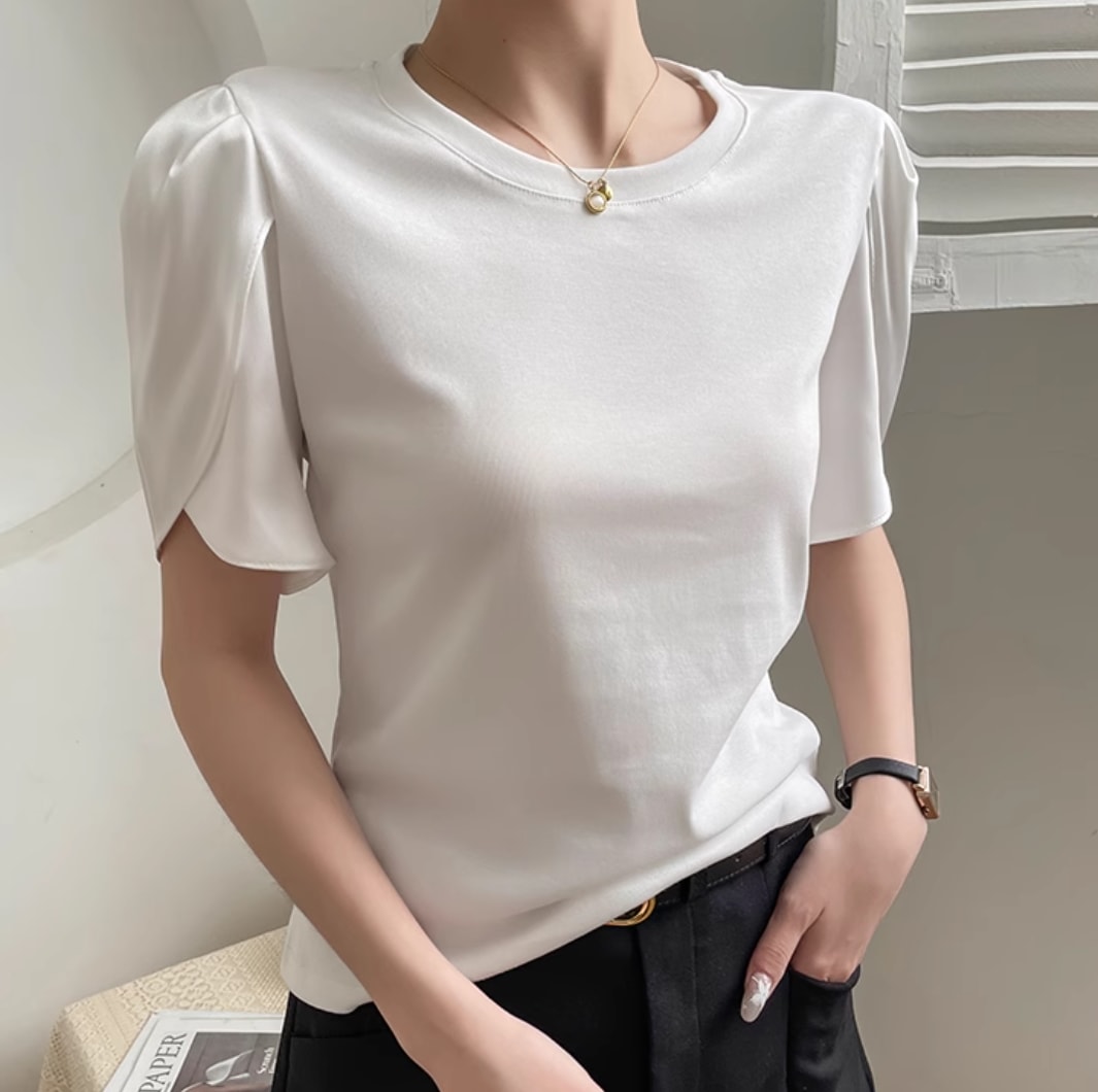 トップス ブラウス レディース カットソー Tシャツ 半袖 ラウンドネック クルーネック ケープ襟 タイト 細身 フェミニン ヴィンテージ アメカジ 薄手 かわいい 大人可愛い シンプル カジュアル