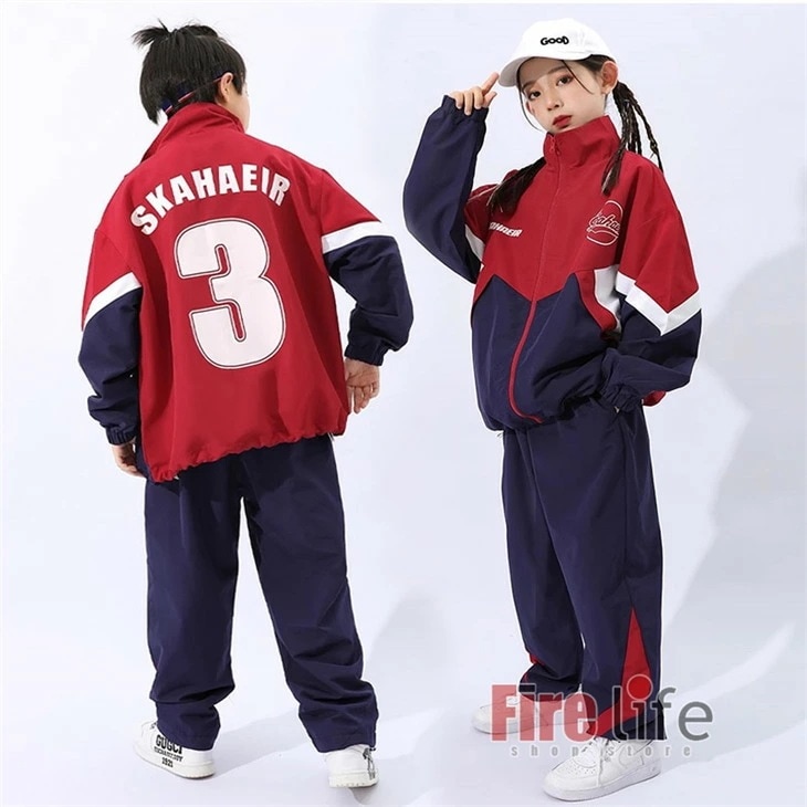 ダンスウェアセール キッズダンス衣装 セットアップ ヒップホップ ジャケット 長袖 ウィンドブレーカー ロングパンツ シャカシャカ レッド ネイビー ジャージ ヒップホップ 男の子 女の子 HIPHO