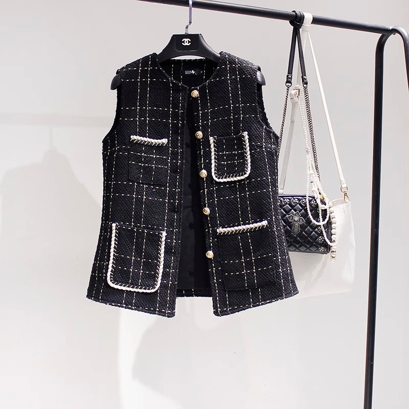 【M-4XL】ウール調ノーカラージレ チェック柄ジレ ツイードジレ ツイード ボタン ジレ ベスト トップス レディース ショート コート レディース 春 秋 冬 オフィスコーデ ママコーデ 体型カバ