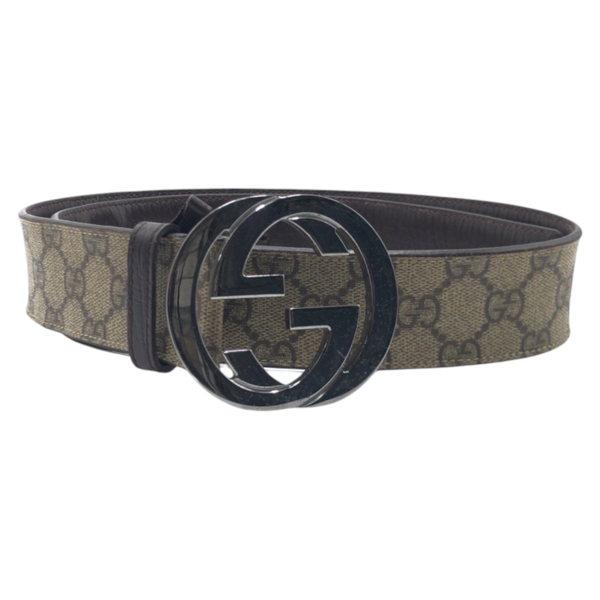 インターロッキング ベージュ ブラウン シルバー金具 GGスプリームキャンバス/レザー 114984 ベルト GGバックル メンズ 410791