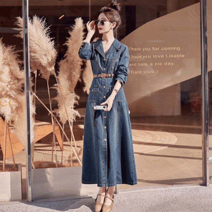 ワンピース ワンピ ドレス デニム 袖あり レディース エレガント きれいめ カジュアル 長袖 大人 可愛い フェミニン ナチュラル ミモレ丈 Aライン ウエストベルト 開襟 体型カバー 青 ブルー