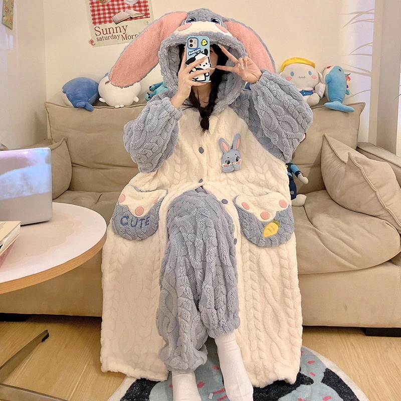 人气新作着ぐるみパジャマ サンゴの綿毛 かわいいパジャマ女性秋冬新型かわいい連帽ガウンバスローブセット部屋着 46aa464