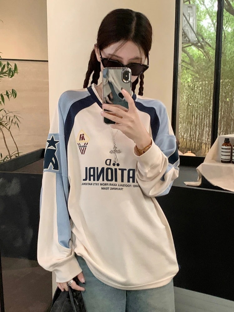 2024秋冬トレンドトップスVネックバイカラー長袖かわいいK-POPTロング黑白レディース韓国風ロゴ衣ルーズゆったりカジュアルおしゃれサイズスリーブシルエットファッションサイドシャツフット