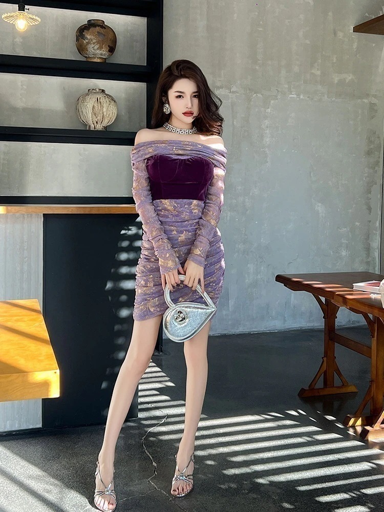 2024春 一字 オフショルダー 皺ワンピ レース パーティードレス キャバ 着痩せ 大人 お呼ばれ 同窓会 披露宴 卒業式 結婚式 ウェディング 二次会 成人式30%までに制限