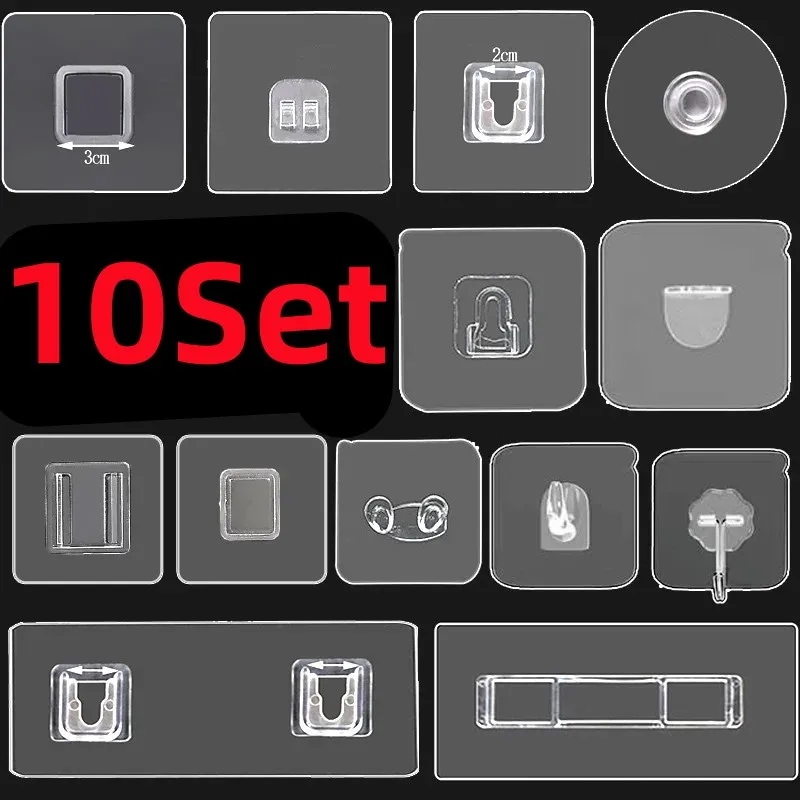 多目的ネイルなしの粘着壁フック,透明,頑丈,両面,パンチなし,バスルームストレージ,5または10セット