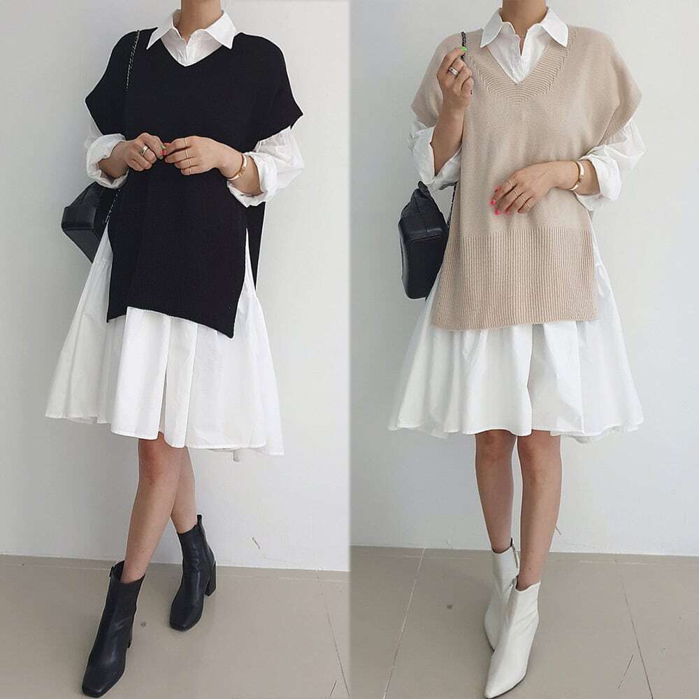 【送料無料】レディース 2カラー セットアップ シャツワンピース ベスト ジレ ティアード