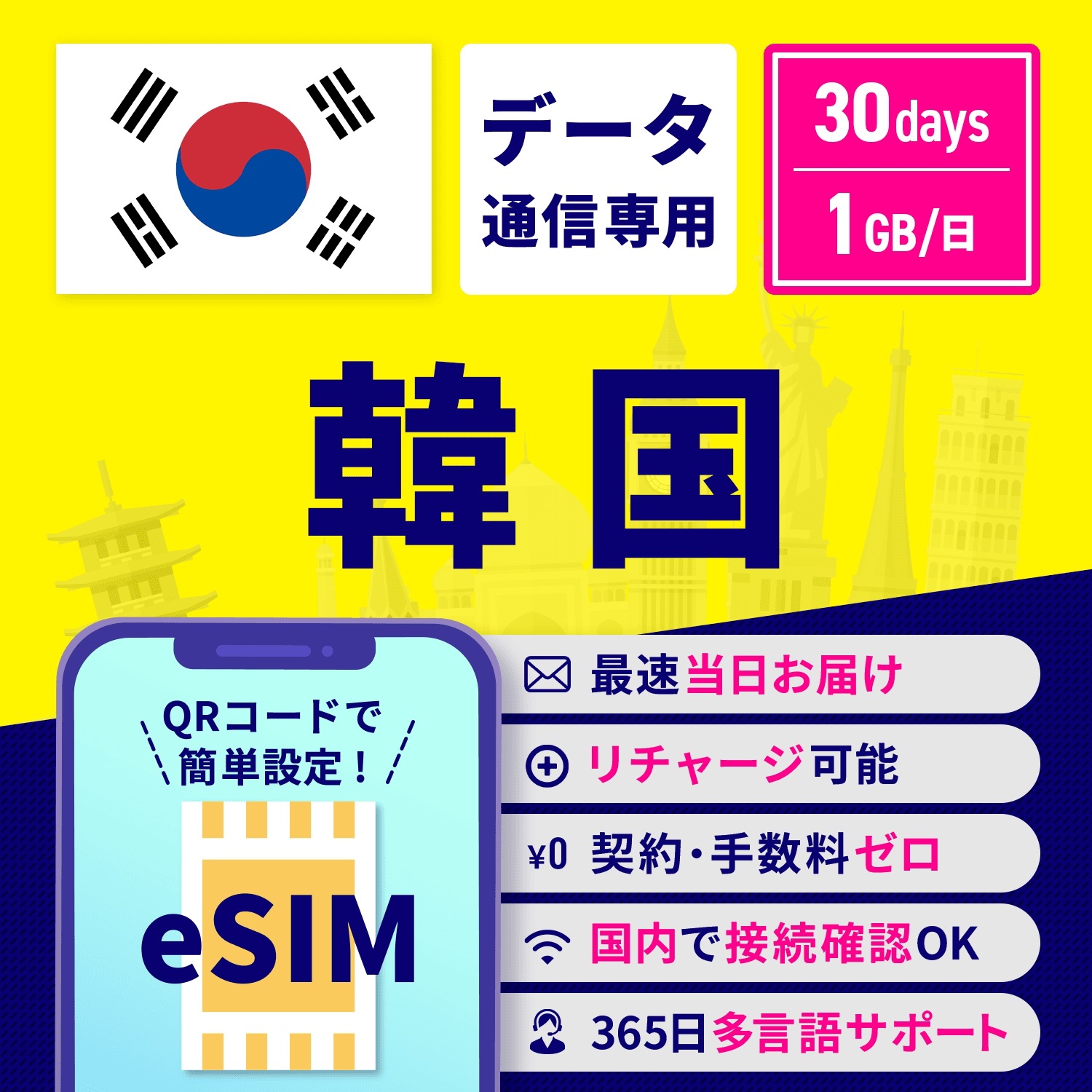 韓国 eSIM 30日間 1GB 高速通信［購入後180日以内利用OK］最短当日開通 テザリング可 日本語サポート QRコード 即利用 eシム 韓国旅行 30日 イーシム