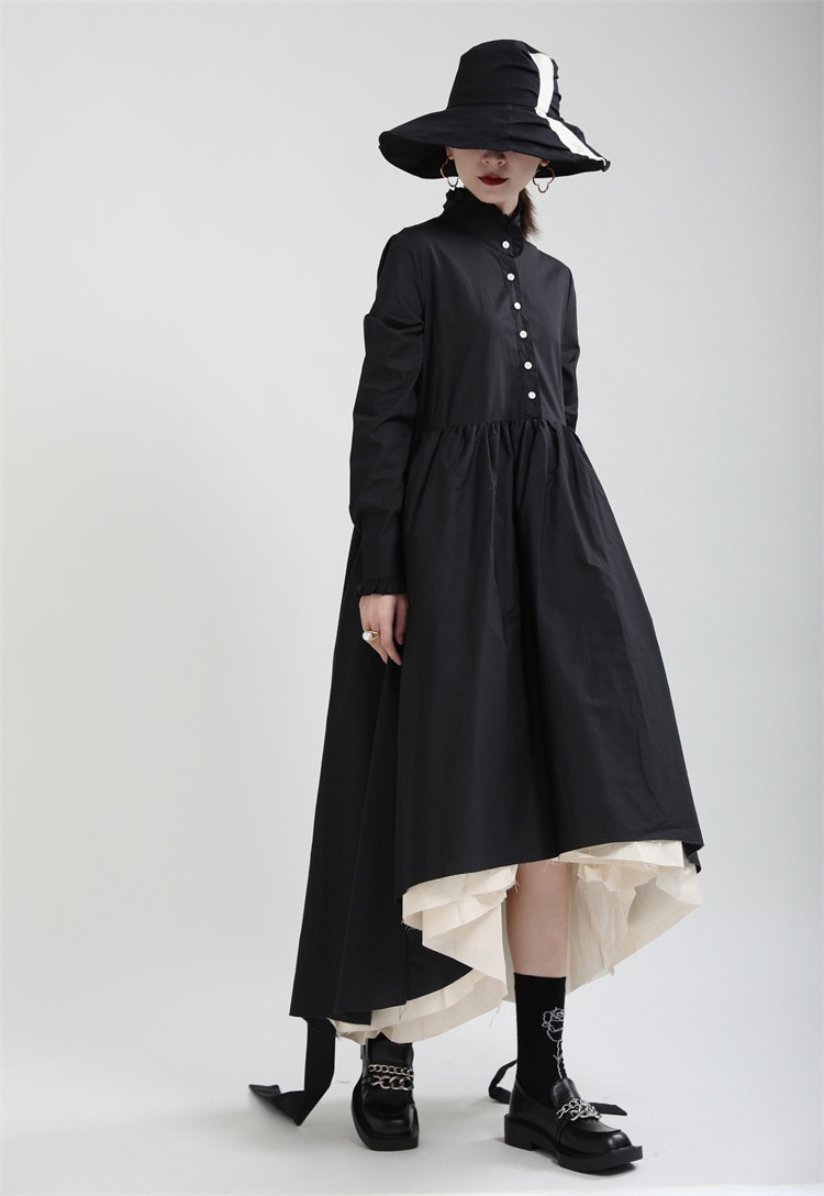 早い者勝ち 2024秋 ゆったりする ロングスカート 単体ボタン 長袖 多段つなぎ ポンポンワンピース ワンピース 大きい裾 宮廷風 詰め襟 イレギュラー 気質