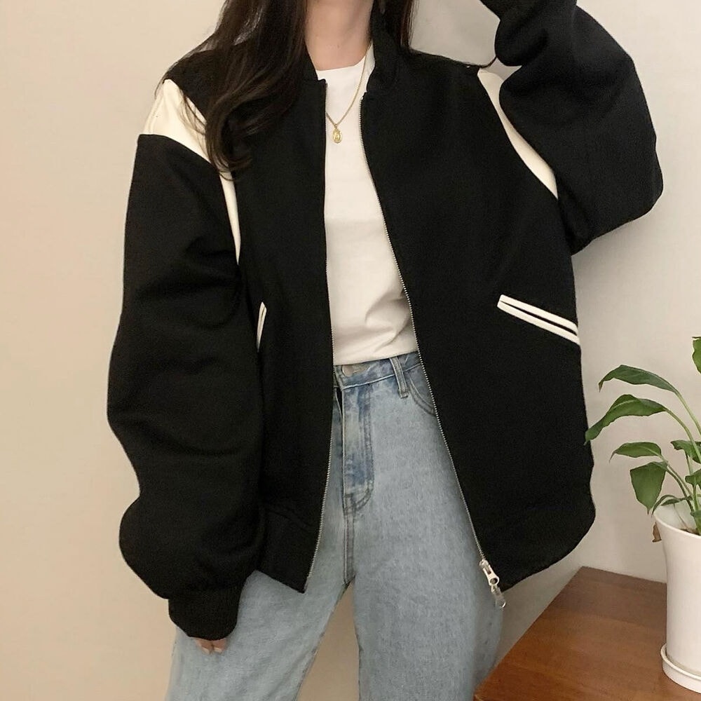 [男女共用] モダン ルーズ オーバーフィット ジャケット バーシティ ジャンパー ジャケット 野球ジャンパー