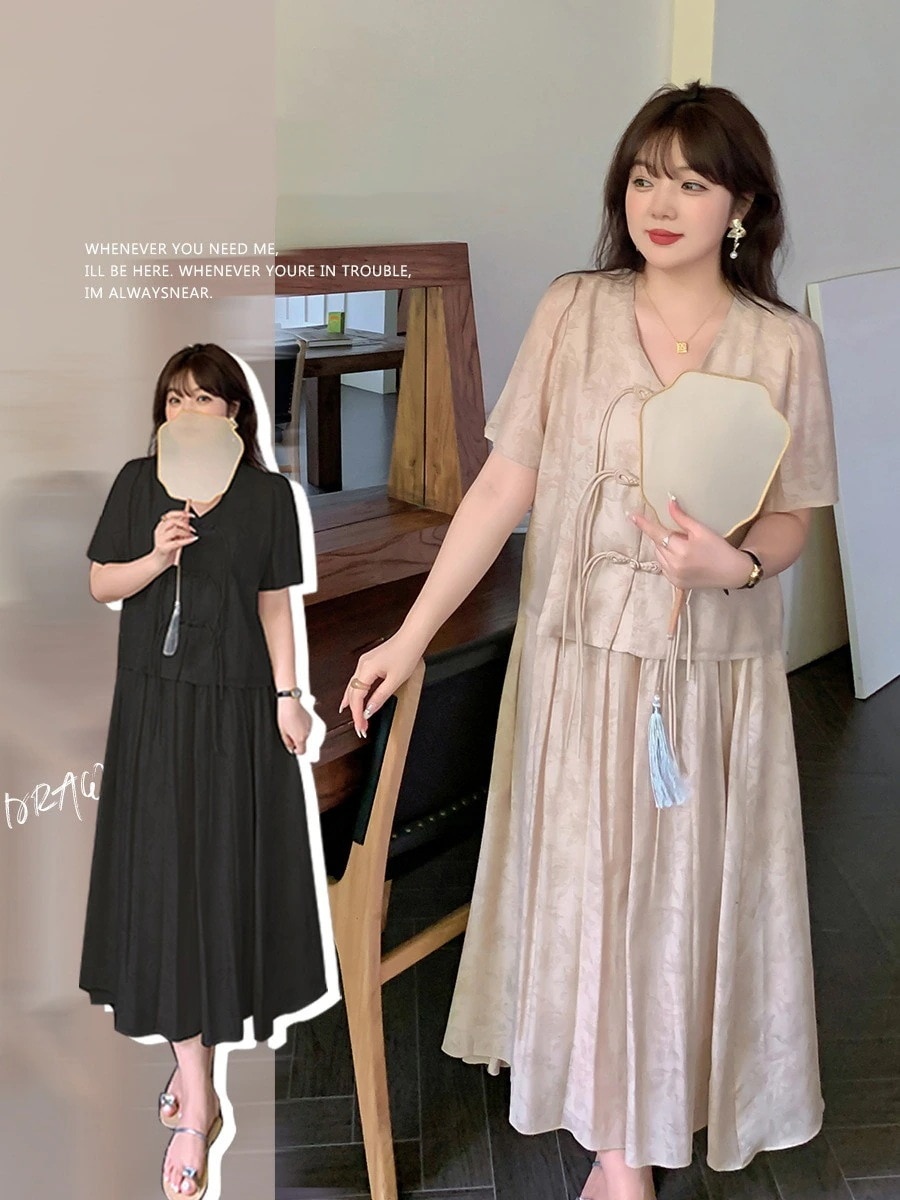【3日で出荷】【ぽちゃまに】 夏新品 上下セット 大きいサイズ ブラウス+スカート チャイナ風 2色 体型カバー レディース セットアップ メガ割