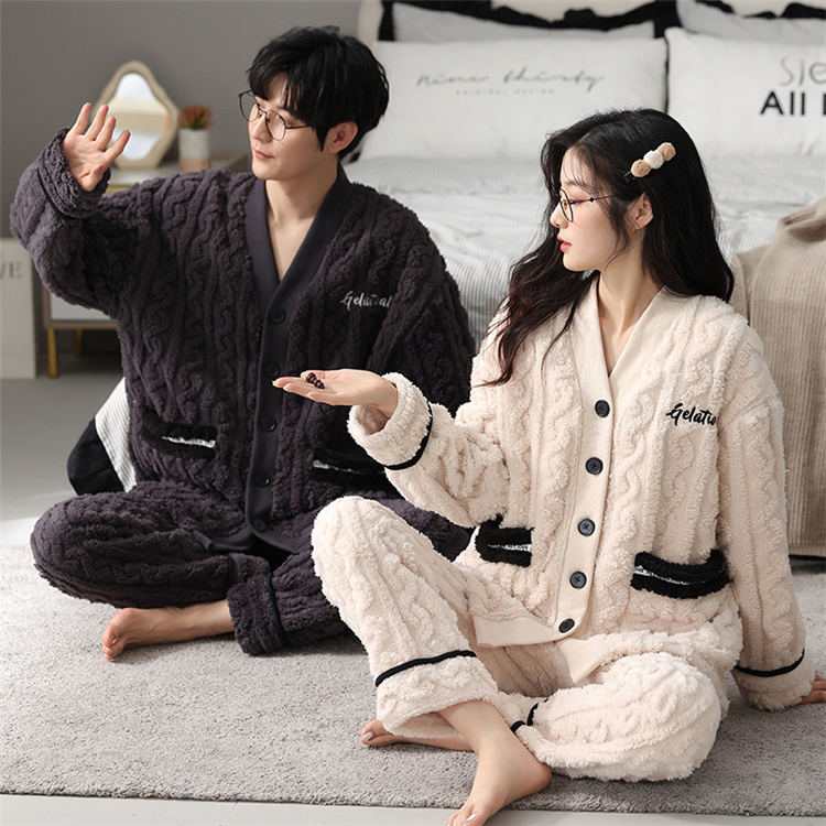 ペアパジャマ カップル 冬ルームウエア ペアルック 部屋着 前開き パンツセット ペアお揃い 寝巻き ナイトウェア フランネル レディース メンズ パジャマ 韓国 可愛い 結婚祝い