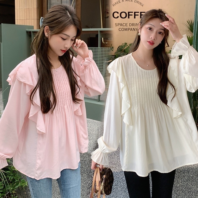 ブラウス ピンク 白 フリルブラウス シフォン 韓国 レディース オルチャン トップス シャツ 白シャツ 白トップス 袖あり 長袖 ラウンドネック かわいい 大人可愛い きれいめ シンプル