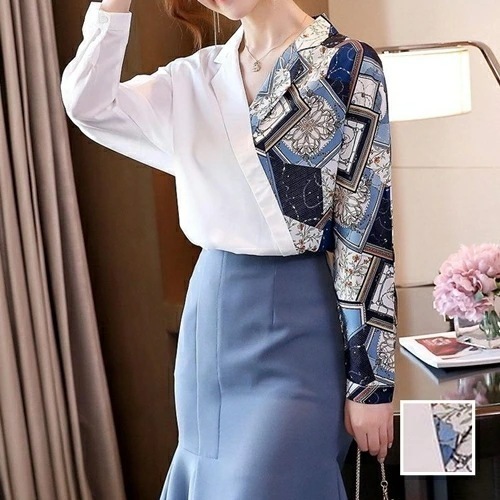 ブラウス シャツ 韓国 ファッション レディース 春 秋 冬 カジュアル コーデ シンプル 定番 セレカジ 20代 30代 40代 2025大きいサイズ アシンメトリー スカーフ柄 シアー エレ