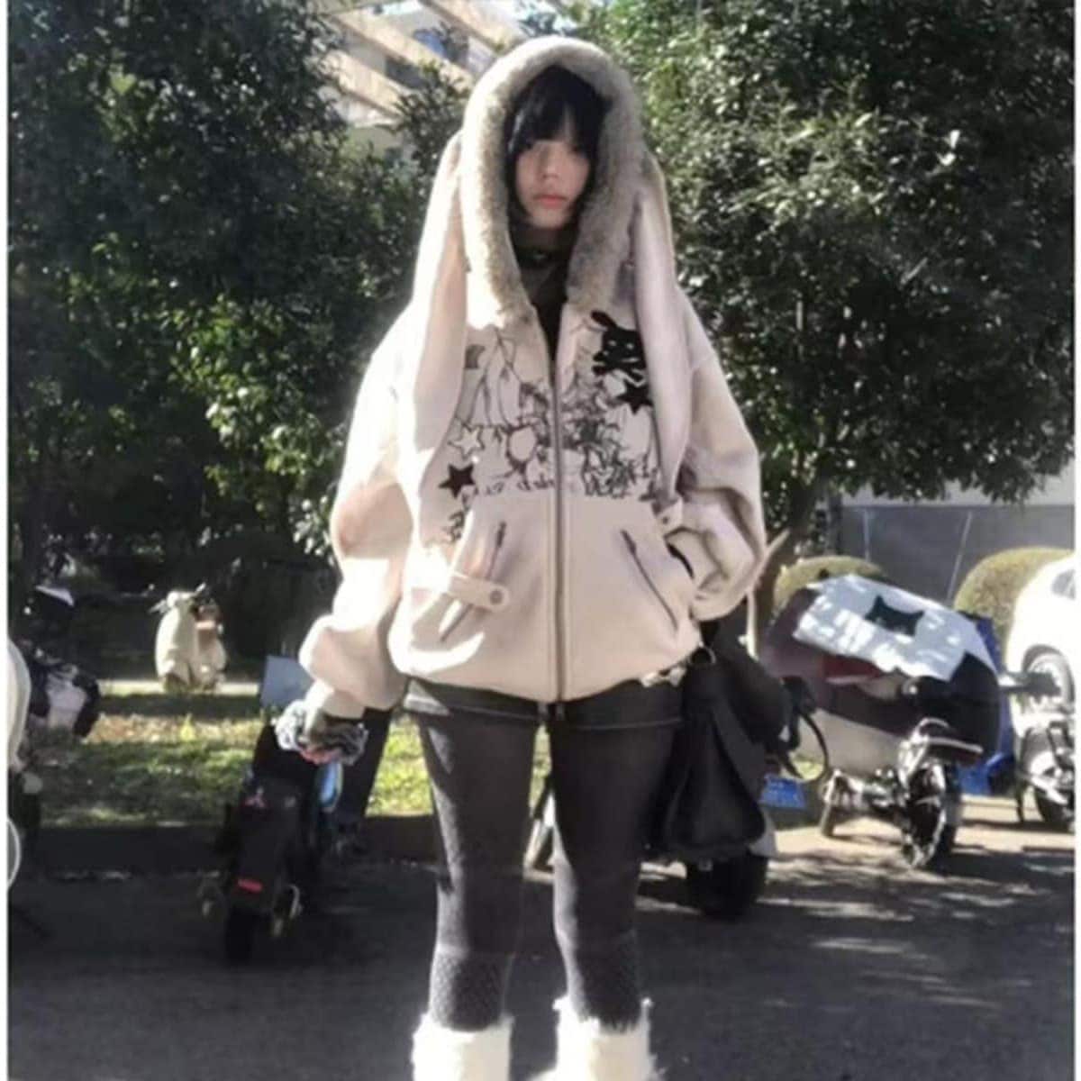 最低価格保証！2025 秋冬 韓国っぽ 防寒 暖かい厚手 裹起毛 アウタートレンドかわいいレディースブルゾンフード付きロング丈 長袖トップスカジュアルファッション系耳フルカラーダコーデ羽織りトラックフ