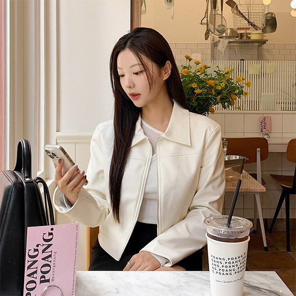 ジップアップレザー調ジャケット 韓国アウター jk2797